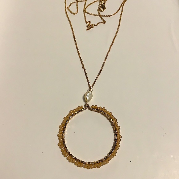 Long Gold Plated Chain W/Round Faceted Crystal and Pearl Pendant - NEW - Picture 3 of 4